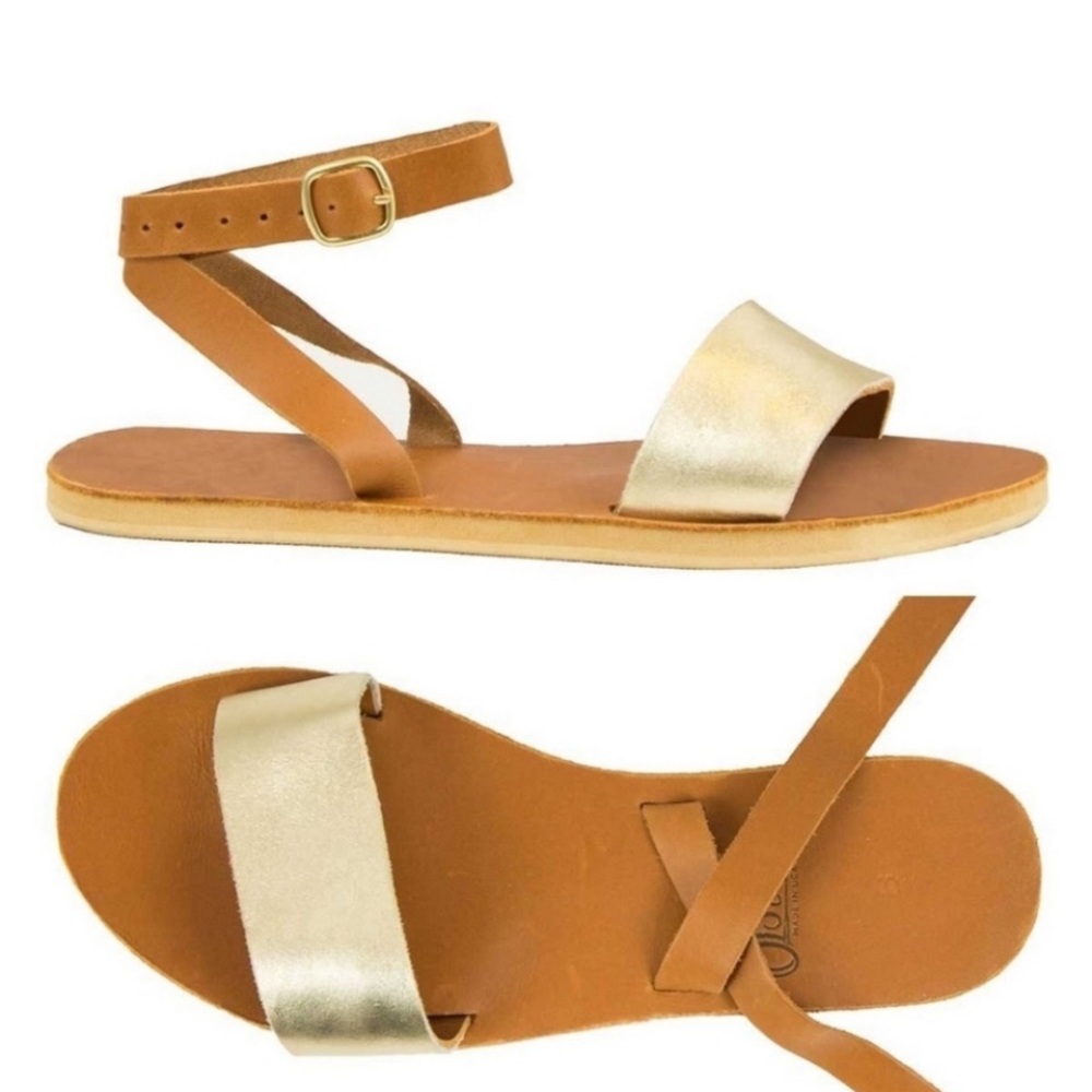 Sseko Brown & Gold Leather Sandals Size 8